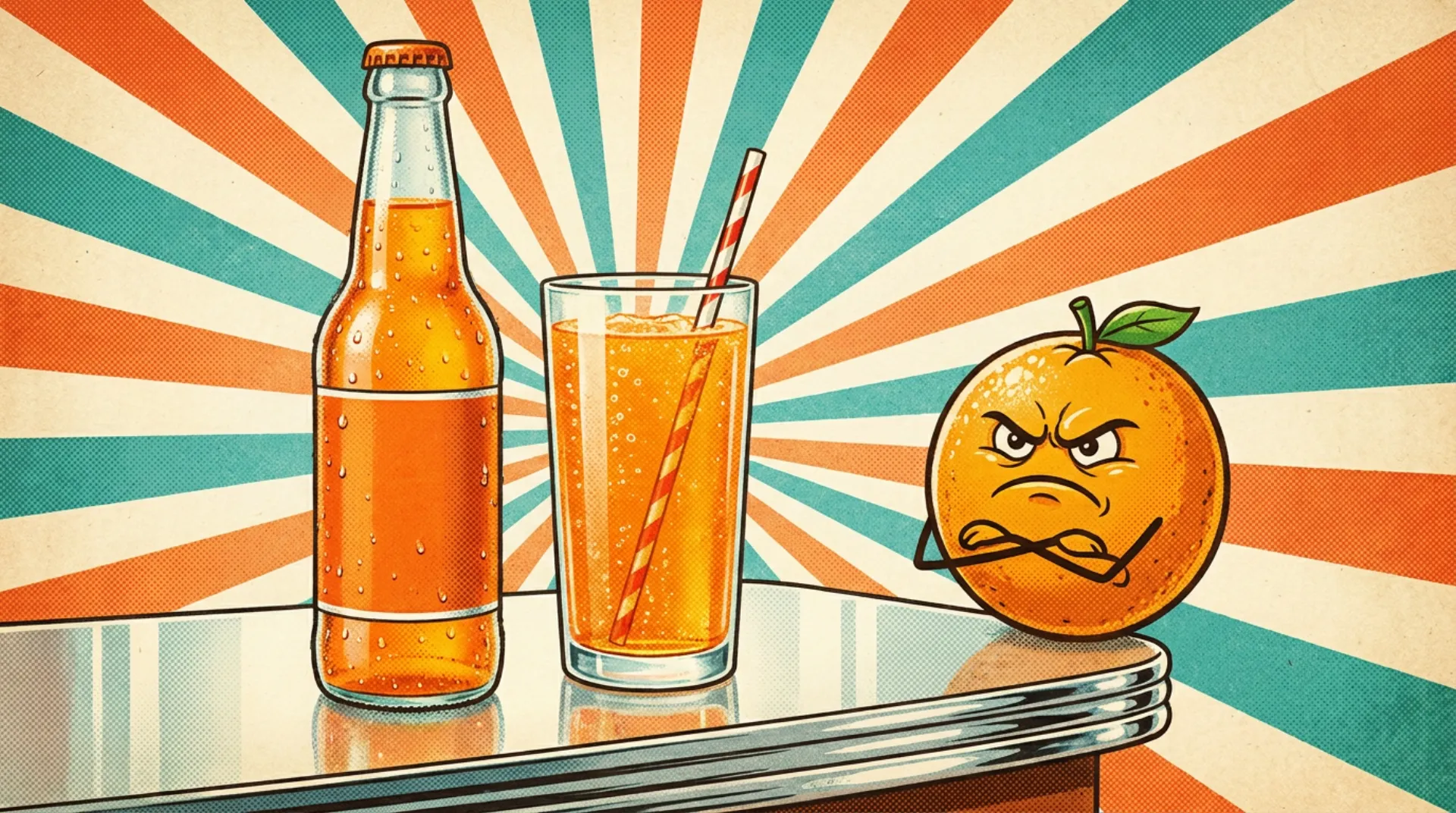 A vintage soda ad painting: a frosty bottle of orange soda and a fizzing glass with a striped straw on a chrome diner counter in front of an orange and teal sunburst, beside a grumpy cartoon orange with stick arms crossed.