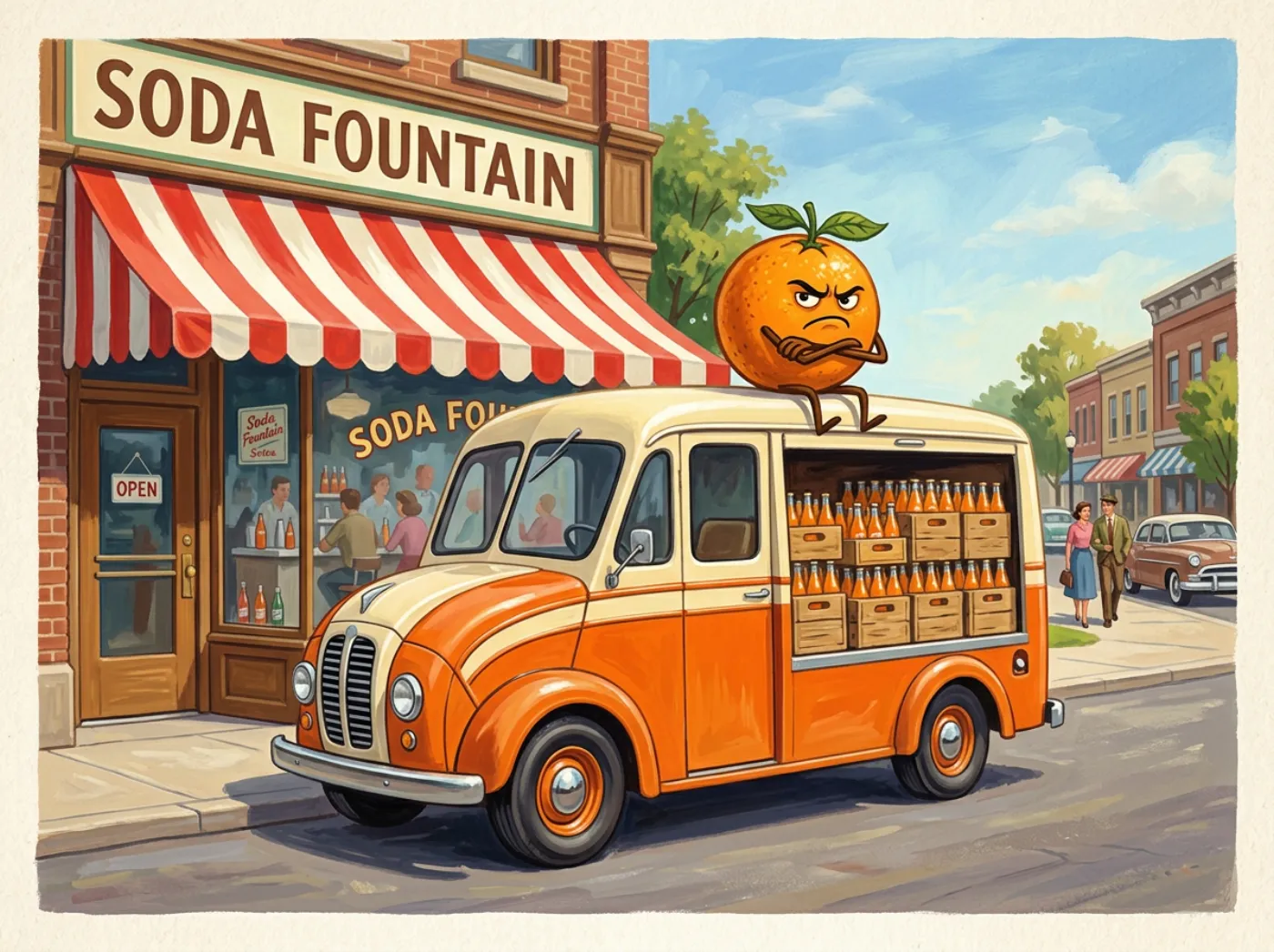 A rounded 1950s orange-and-cream delivery truck loaded with crates of orange soda parked outside a small-town soda fountain with a striped awning, a grumpy cartoon orange sitting on its roof with arms crossed.